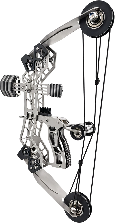 Ridgeline mini compound bow, machined aluminum frame with dual pulley cams